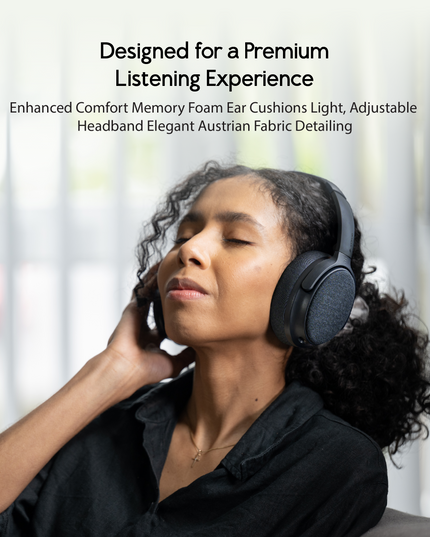  A woman enjoying music with ONANOFF Fokus+ headphones, showcasing premium sound quality. These headphones are designed for a premium listening experience & enhanced comfort memory foam ear cushions light, adjustable headband elegant Austrian Fabric Detailing.